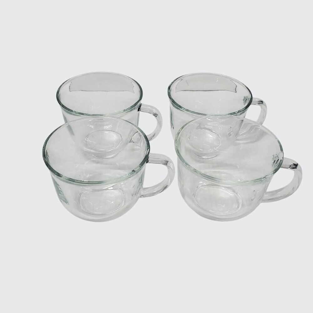 Clear Glass Cups Coffee Tea Punch Bowl Set of 4 Flat Bottom with Handle